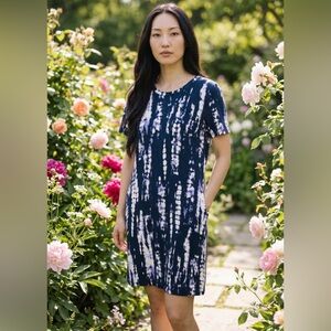 Ellen Tracy Womens Small Blue White Tie Dye T-Shirt Dress With Shirt Sleeves